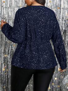 SHEIN CURVE+ Áo cánh tay dài cổ chữ V in họa tiết lấp lánh cỡ lớn cho nữ, thanh lịch cho mùa thu - Màu xanh hải quân - Xem 2