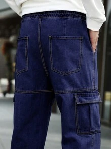 Manfinity Homme Loose Fit Men's Twill Jogger Jeans With Flap Pockets - Dark Wash - View 7