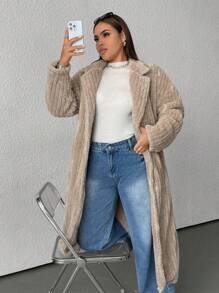 SHEIN EZwear Plus Size Women's Khaki Fuzzy Long Coat, Autumn/Winter
