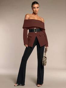 SHEIN BAE Women's Fashionable Off-The-Shoulder Blazer Belt Included Off Shoulder Winter Women Coat Business Women Clothes Winter Women Clothes Professional Tops Winter Women Outfits Women Blazers
