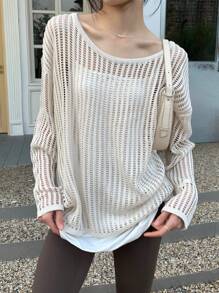 INAWLY Women's Solid Color Long Sleeve Oversized Crew Neck Casual Sweater, Knit Pullover Fall Winter - Apricot - View 4