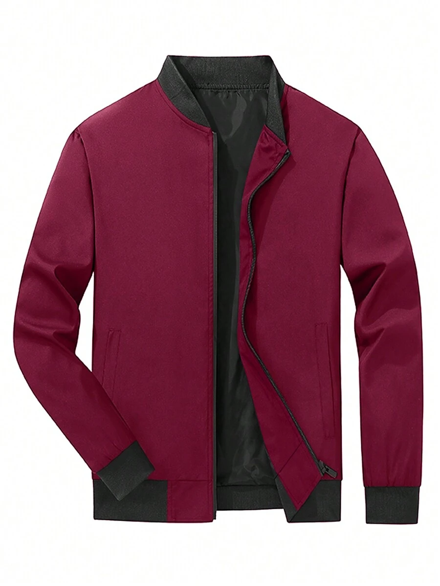 Manfinity Homme Plus Size Men's Casual Zip-Up Jacket For Outdoor Wear, Autumn - Burgundy - View 1
