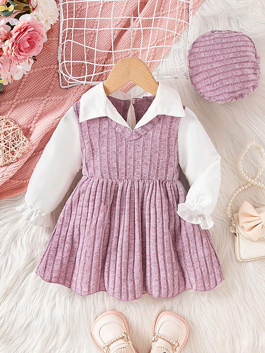 Baby Girl Lapel Fleece Hem Mock Layer Hooded Dress, Thicker Warm Comfortable Sweet Personalized, Essential For Autumn/Winter Outings