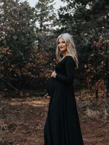 Maternity Open Shoulder V-Neck Long Sleeve Floor-Length Dress For Photography - Black - View 4