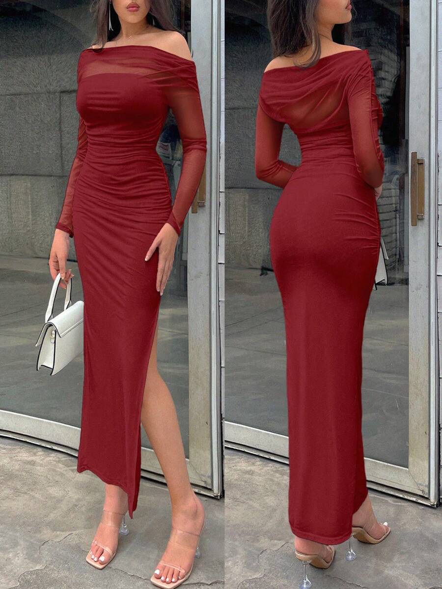 Firerie Women White Asymmetrical Neckline Long Sleeve Dress With Side Slit - Red - View 1