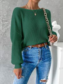 EMERY ROSE Women Casual Solid Color Cross Wrap Back Dropped Shoulder Loose Ribbed Knit Sweater, Long Sleeve Top Knit Pullover Fall Winter - Dark Green - View 5