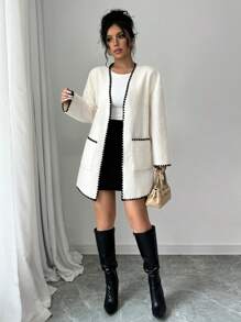 Selianne 女士优雅纯色撞色饰边 V 领夹克