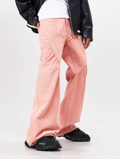 Street Life Jeans simples à poche cœur plissés, style simple. Porté décontracté pour la vie quotidienne