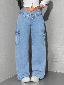 SHEIN EZwear Casual Washed Fold Waist Straight-Leg Cargo Jeans - Blue - View 1