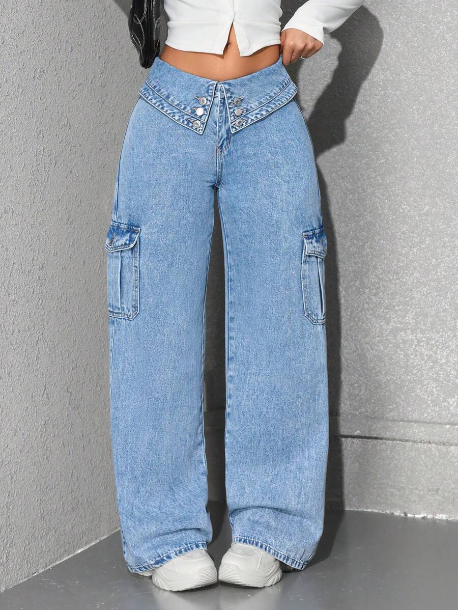 SHEIN EZwear Casual Washed Fold Waist Straight-Leg Cargo Jeans - Blue - View 1