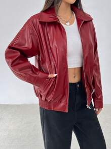 SHEIN PETITE Drop Shoulder Zip Up Black PU Jacket - Burgundy - View 7