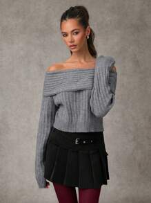 SHEIN BAE Women Gray Solid Color Commuter/Fashionable Versatile/Girlfriends' Gathering/Office Siren/Greyscale Outfit Pleated Casual Mini Skirt/Pleated Mini Skirt/Pleated Woven Twill Skirt/Skater Skirt/Going Out Skirt