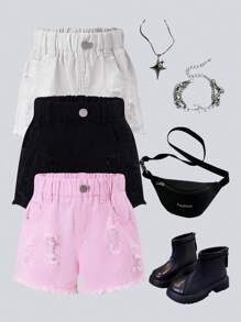 SHEIN Sweetra Young 嬰兒女夏季純色磨破牛仔短褲 - 彩色 - 查看 3