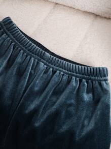 2pcs/Set Girls Casual Solid Foggy Blue Velvet Ruffle Trim Long Sleeve Top & Pants Loungewear Set - Dusty Blue - View 4