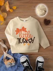 SHEIN Playful Pals Toddler Girls' Fashion Bowknot & Turkey Letter Print Casual Fleece Crew Neck Long Sleeve Pullover Sweatshirt For Thanksgiving, Autumn/Winter - Apricot - View 3