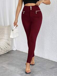 Firerie 女式纯色前扣高腰拉链修身休闲裤 - 酒紅色 - 查看 3