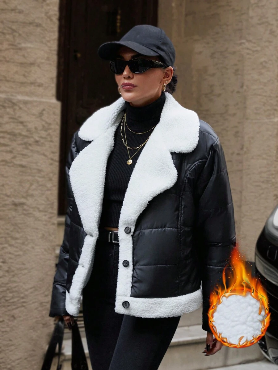 EURMUSE Biker Style, Contrast Fur Inside Puffer Winter Coat - Black - View 1