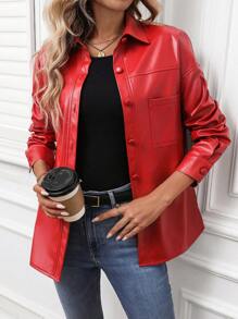 SHEIN LUNE 2024 Autumn/Winter New Women Red Front Open Jacket Coat Leather - Red - View 5