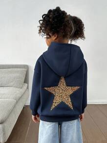 SHEIN Moletom com Capuz de Estampa de Leopardo e Estrela para Meninas Jovens, Adequado para Uso Casual do Dia a Dia com Certo Calor, Combinando Mãe e Filha, Combinando Irmã e Eu, Roupas de Estilo Esportivo, Ótimo para Uso Casual e Diário e Escola em Outono e Inverno