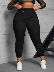 SHEIN SXY Jean skinny plissé de couleur unie grande taille, polyvalent et décontracté