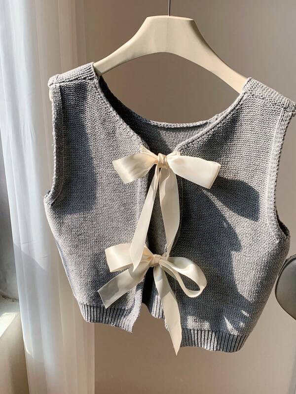 Comfortcana Women Casual Elegant Contrast Color Bow Knitted Sweater