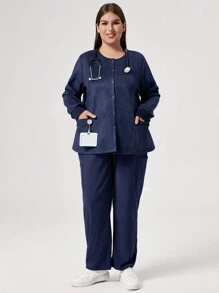 TaskEZ معطف زي السكرب ذو أكمام طويلة وجيب أمامي وأزرار أمامية وياقة مستديرة، باللون الأحادي، سايز كبير