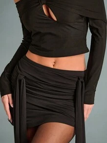 SHEIN BAE 1 chiếc váy bó sát mini xếp ly màu trơn cho nữ - màu đen - Xem 3