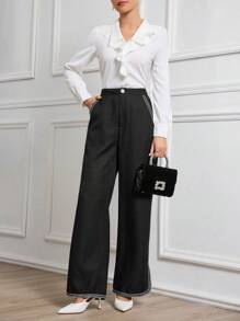 Modelyn Women's Elegant Woven Black Rhinestone Button Straight Leg Trousers Fall Cloth For Women - Black - View 4