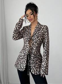 Elenzga 1 件女式豹纹前系带长袖西装外套，休闲日常穿着 - 彩色 - 查看 6