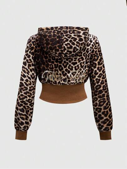 J-Fashion Sudadera con capucha con estampado de leopardo de terciopelo con tachuelas, de estilo vintage, talla grande