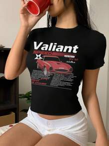 Attitoon Set de 3 camisetas de manga corta, cuello redondo, ajustadas, cortas, con estampados de motocicleta con alas, coche retro y vintage, adecuadas para el verano, para mujer