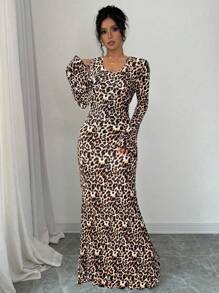 Chiquease 1 件女式褶皱豹纹长袖系腰连衣裙，黑色和棕色 - 咖啡棕 - 查看 4