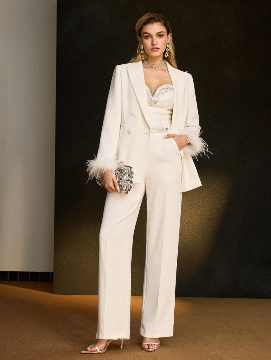 MOTF PREMIUM 纯色仿珍珠和串珠细节斜口袋缝线前西装裤