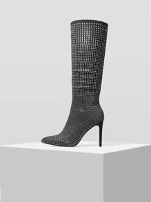 MOTF PREMIUM WOMEN'S FASHION RHINESTONE HIGH HEEL POINTED KNEE-HIGH BOOTS FOR CHRISTMAS AND NEW YEAR HOLIDAY VIBE FALL AND WINTER - Black - View 1