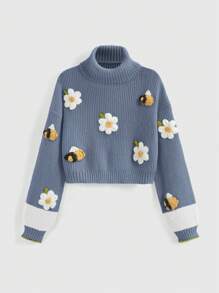 ROMWE Fairycore Jersey de cuello alto de manga larga elegante con aplicaciones florales - Multicolor - Ver 2