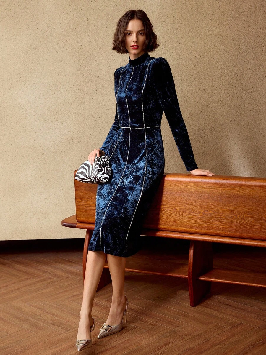 MOTF PREMIUM VELVET MOCK NECK RHINESTONE TRIM MIDI DRESS