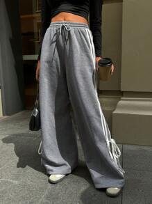 Aloruh Women's Solid Color Patchwork Front Tie Waist Casual Pocket Pants - Grey - View 4