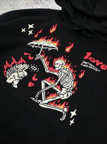 Manfinity Dauomo Plus Size Men's Letter & Skull Print Hooded Long Sleeve Sweatshirt - Black - View 3