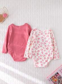 Cozy Pixies 2件套女婴爱心图案纯色柔软针织叠层露肩长袖连体衣套装印花 - 彩色 - 查看 2