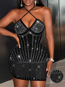 Slaydiva New Sexy Halter Neck V-Neck Backless Slim See-Through Mesh Hot Diamond Rhinestone Mini Skirt Women's Mini Dress-AA