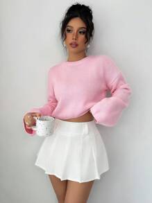 Chiquease Women Solid Color Round Neck Drop Shoulder Long Sleeve Cropped Pullover Sweater, Autumn/Winter Knit Pullover Fall - Pink - View 6