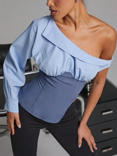 SHEIN Unity 秋季女装，不对称露肩天蓝色和海军蓝拼色紧身胸衣上衣，带细条纹细节。适合晚会、办公室着装、商务休闲装、正式女装、外出、日常着装、商务休闲女装、商务女装