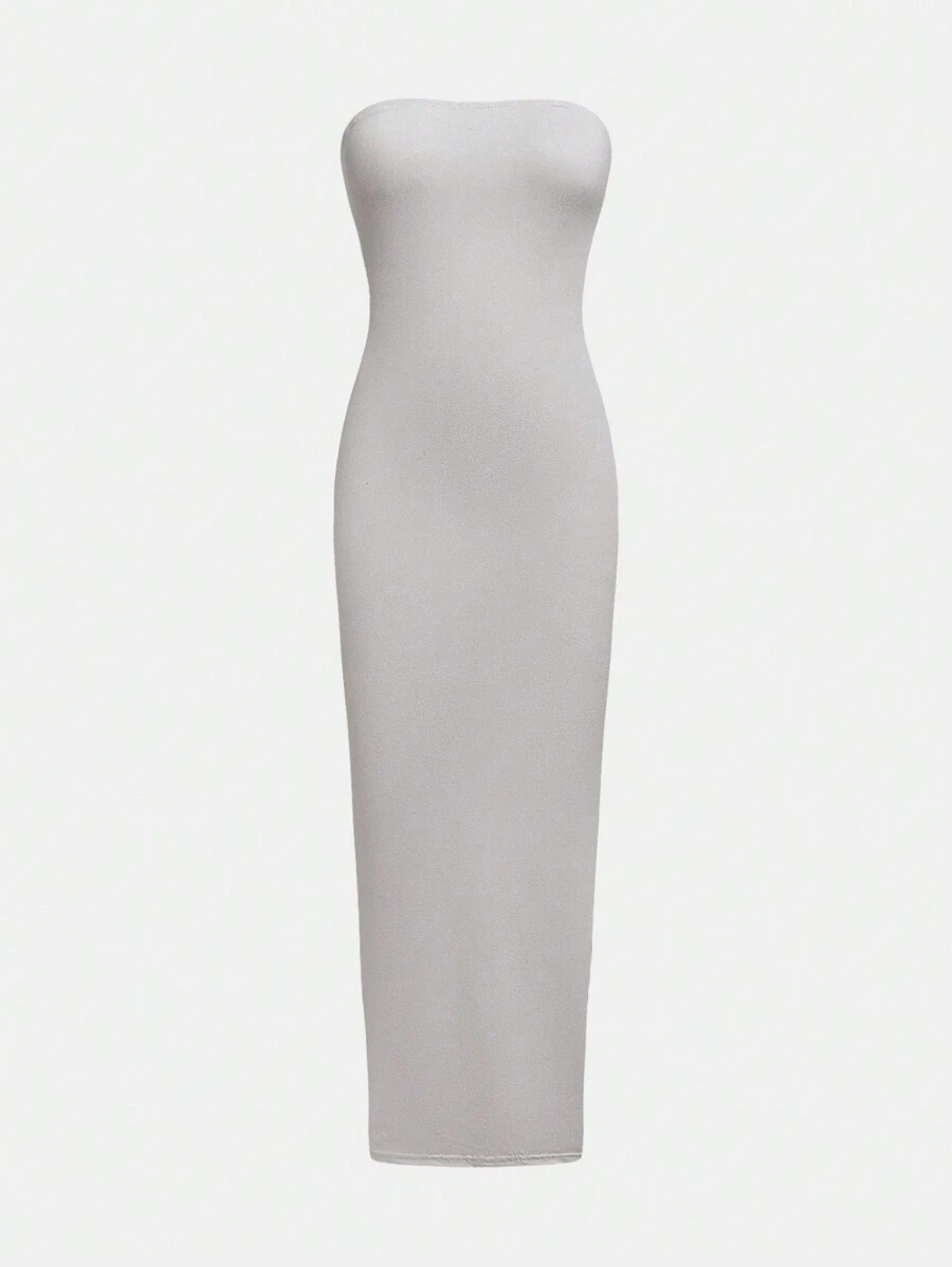 SHEIN Teen Girl Strapless Slit Dress, Bodycon Design, High Waist Slit, Suitable For Parties - Grey - View 1