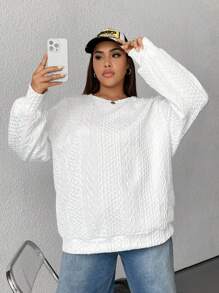 SHEIN EZwear Plus Size Women Casual Solid Color Textured Dropped Shoulder Loose Pullover Sweatshirt, Spring/Autumn - White - View 1