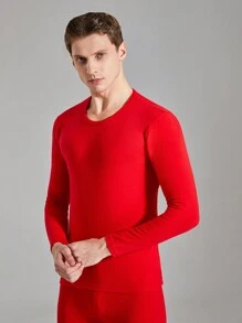 Men Solid Color Minimalist Long Sleeve T-Shirt And Long Pants Set, Thermal Wear