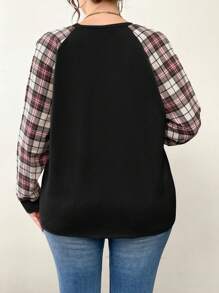 SHEIN LUNE Sudadera casual de cuello redondo de manga larga con estampado a cuadros contrastante, para otoño/invierno, de tallas grandes