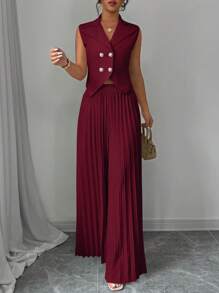 Elenzga Women's Solid Color Front Button Sleeveless Simple Top And Pants Suit, Elegant Set