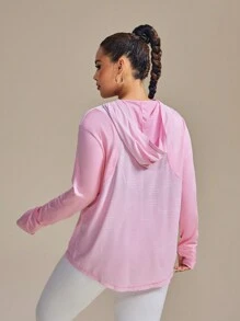 Easithlete 加大码拇指孔条纹立领长袖套头连帽衫瑜伽运动衫 - 粉色 - 查看 2