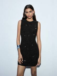 Maija 女士黑色圆领纯色水钻装饰优雅无袖修身短裙，适合派对、度假、所有季节 - 黑色 - 查看 1