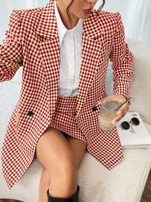 Calvaya 2pcs Set: Casual Allover Print Stand Collar Blazer Jacket & A-Line Skirt, Suitable For Autumn Outings